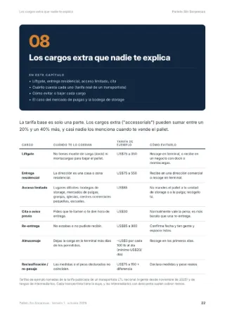 Página de la guía con la tabla de cargos extra del flete